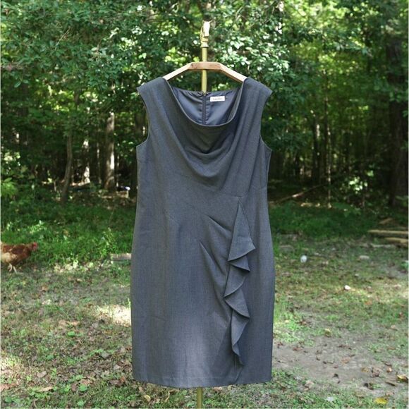 Calvin Klein Dark Grey Cowl Neck Ruffle Detail Pencil Dress - Picture 1 of 6